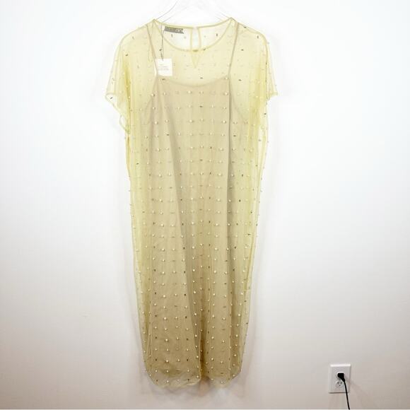 NWT ZARA Mesh Pearl Beaded Midi Dress XS/S Tan - Picture 3 of 7